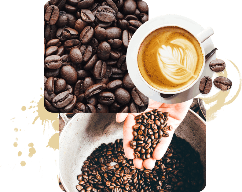 A person holding a cup of coffee over a bowl filled with beans.